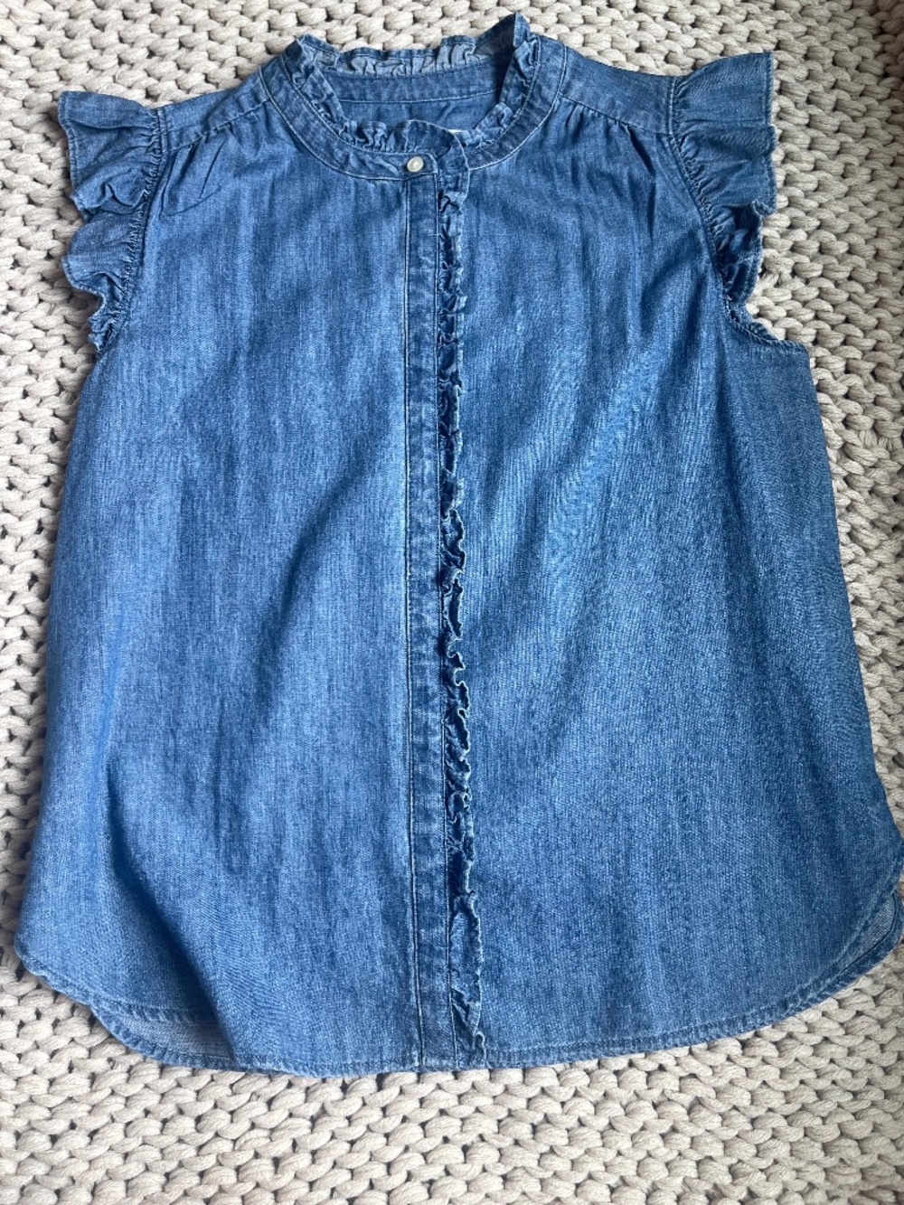 LOFT Petite XS Chambray Ruffle Button Front Blouse